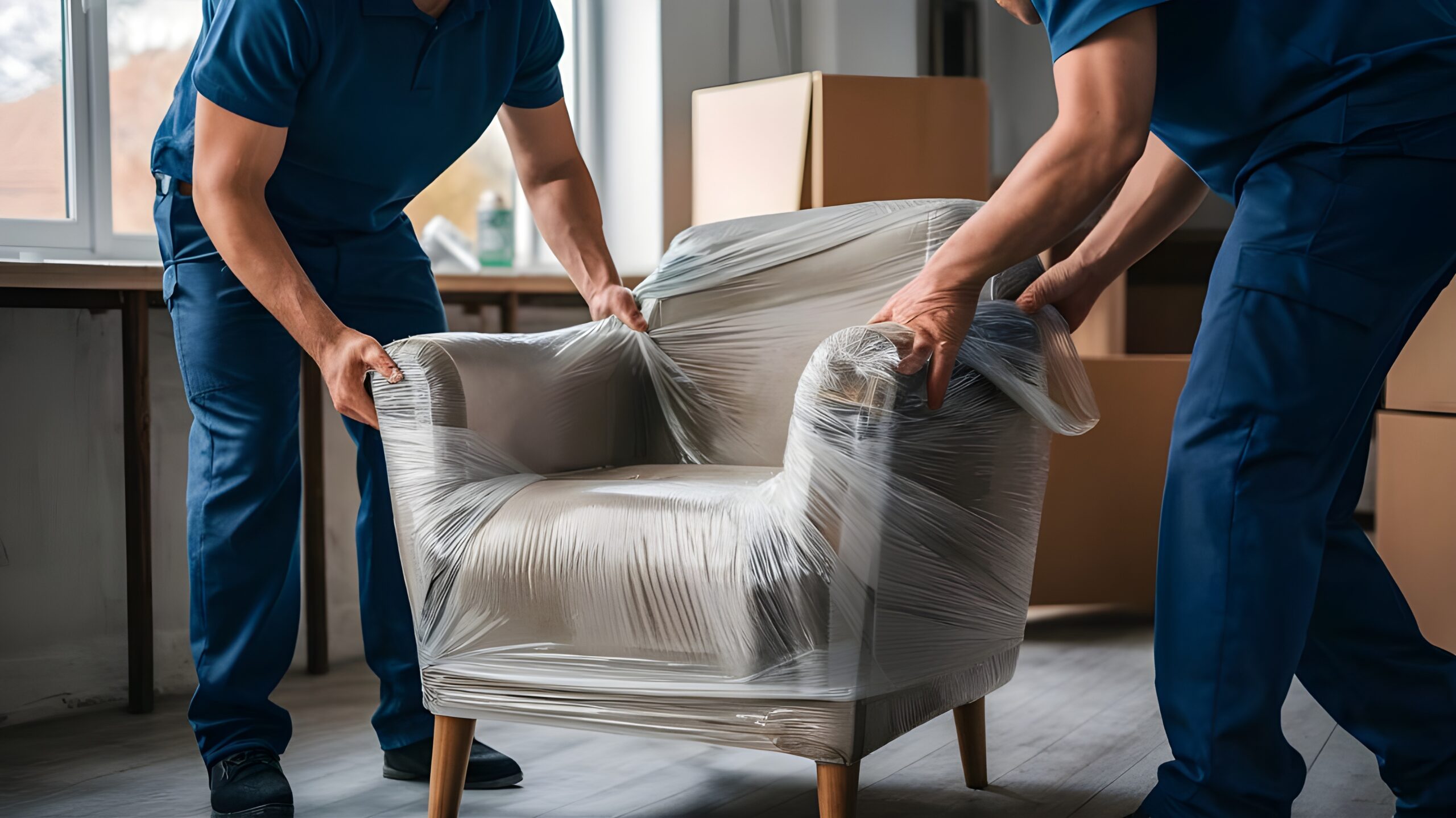 two-men-are-moving-chair-with-plastic-wrap-around-it